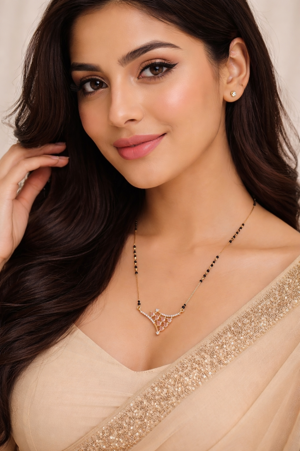 Elegant Rose Stone Curved Triangle Mangalsutra