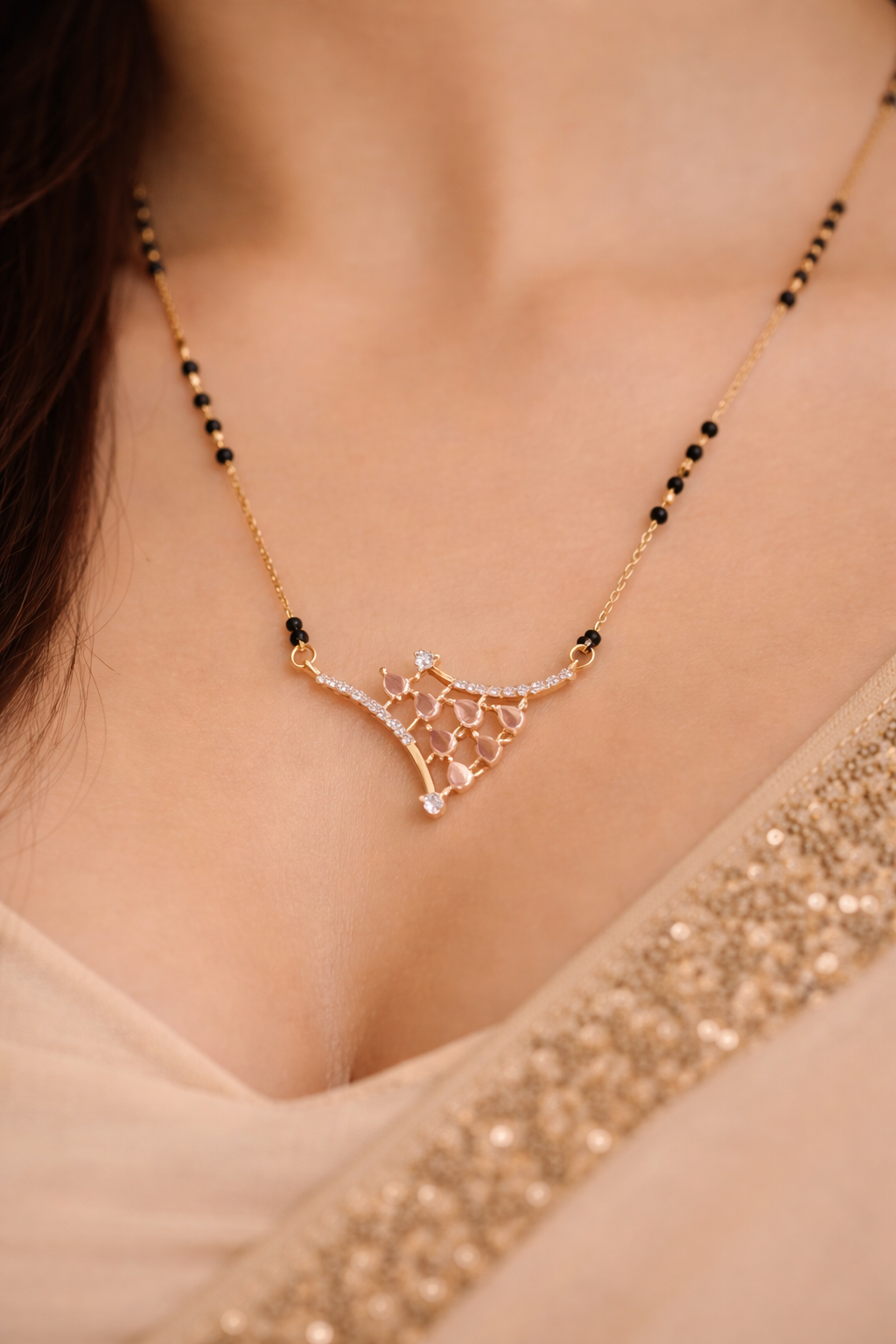 Elegant Rose Stone Curved Triangle Mangalsutra