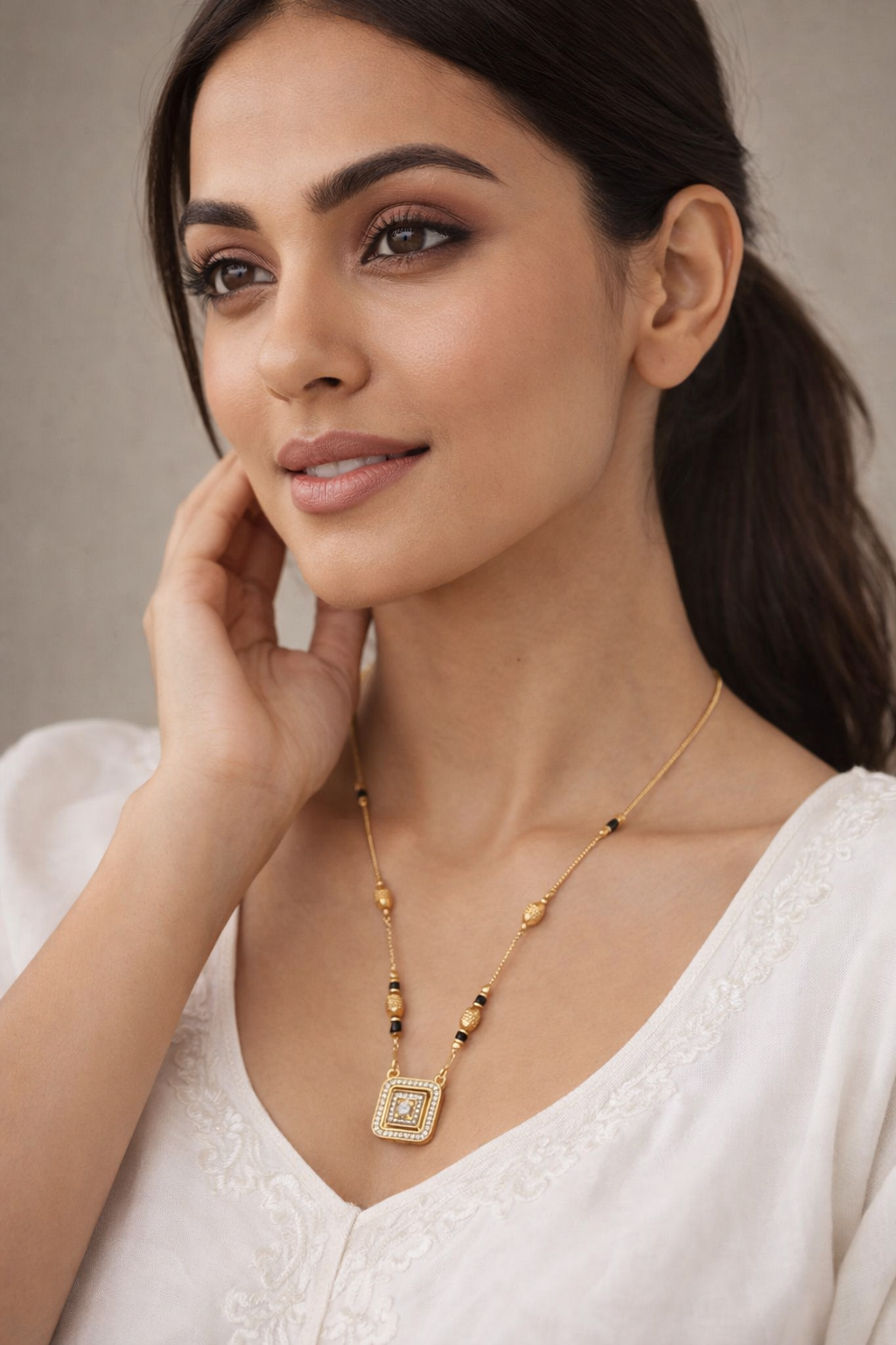 Square Layered Stone Pendant Black Bead Mangalsutra