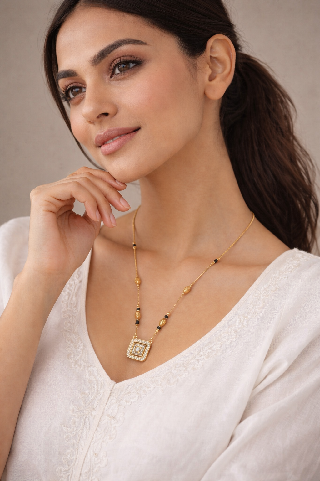 Square Layered Stone Pendant Black Bead Mangalsutra