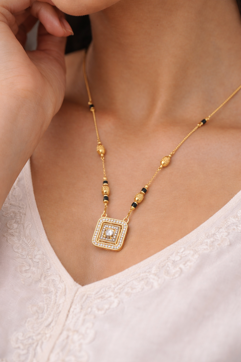 Square Layered Stone Pendant Black Bead Mangalsutra