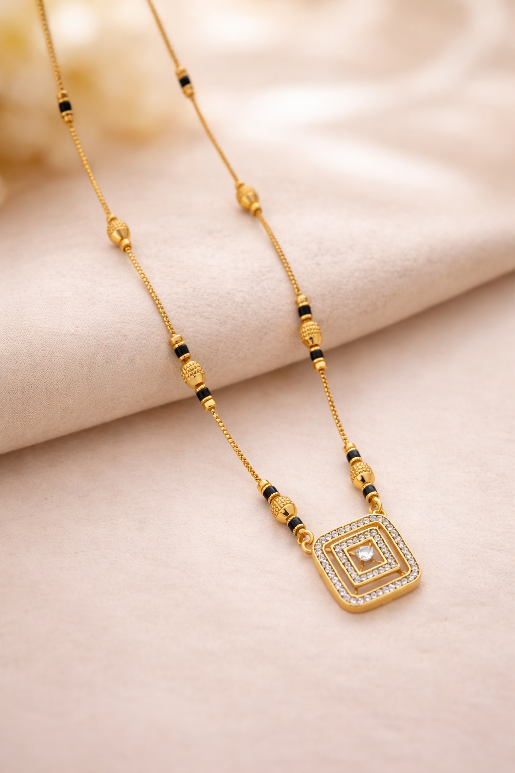 Square Layered Stone Pendant Black Bead Mangalsutra