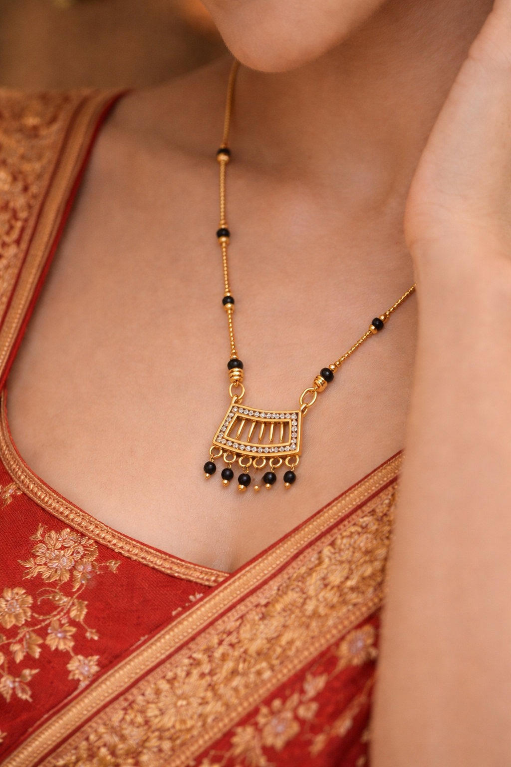 Modern Rectangular Pendant Black Bead Mangalsutra